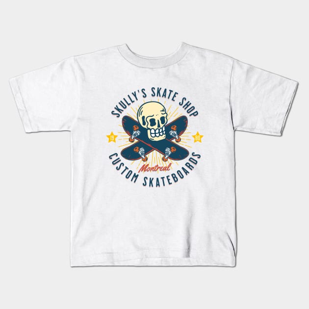 Skully's Skate Shop Vintage Skateboarding Skull Custom Board Kids T-Shirt by Wasabi Snake